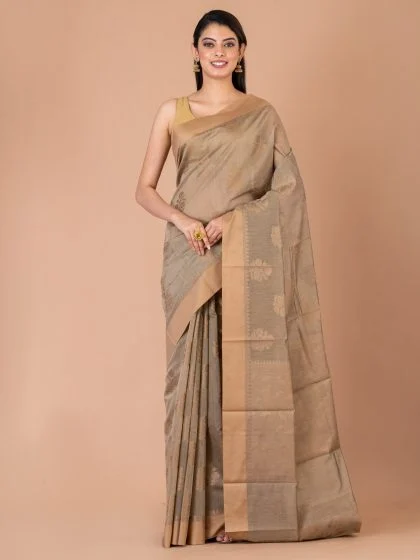 Jalpaibon Woven Design Handloom Silk Cotton Saree (Beige)