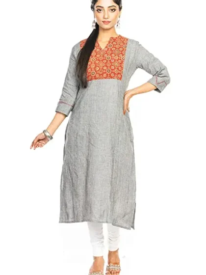 Jalpaibon Women’s Grey Cotton Collar Neck Long Kurta