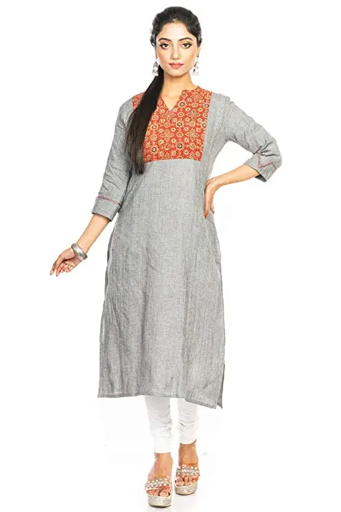 Jalpaibon Women's Grey Cotton Collar Neck Long Kurta