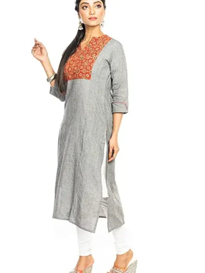 Jalpaibon Women’s Grey Cotton Collar Neck Long Kurta