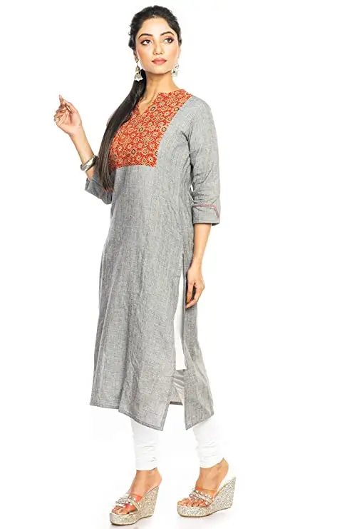 81ALFv9T0uL._UY741_.jpg Jalpaibon Women’s Grey Cotton Collar Neck Long Kurta