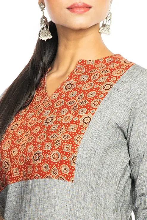 91igWFcY7L._UY741_.jpg Jalpaibon Women’s Grey Cotton Collar Neck Long Kurta