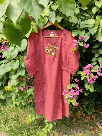 JALPAIBON Women’s Hand Embroidered Square Neck Long Floral Cotton Kurti (Red)