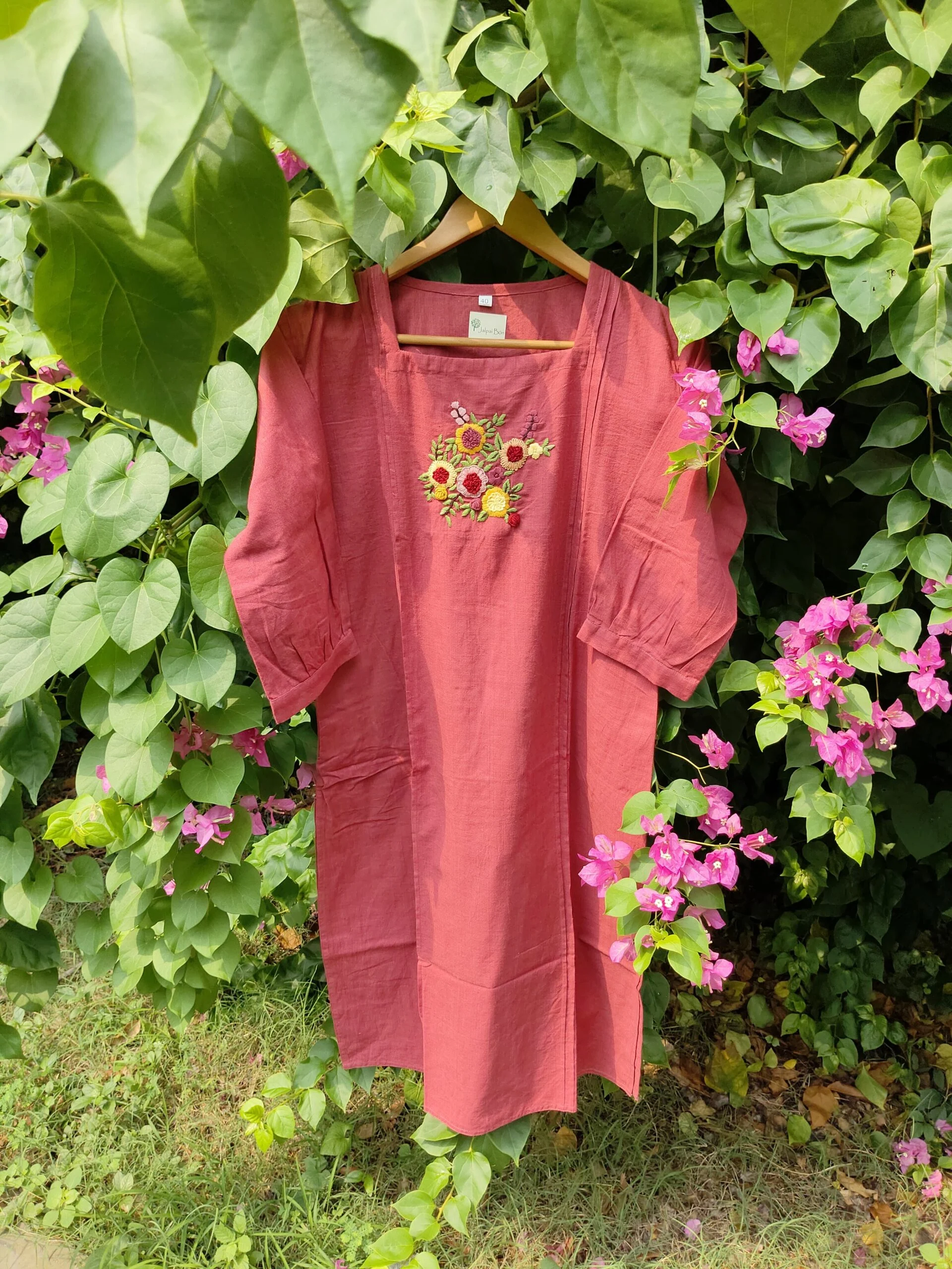 JALPAIBON Women’s Hand Embroidered Square Neck Long Floral Cotton Kurti (Red)