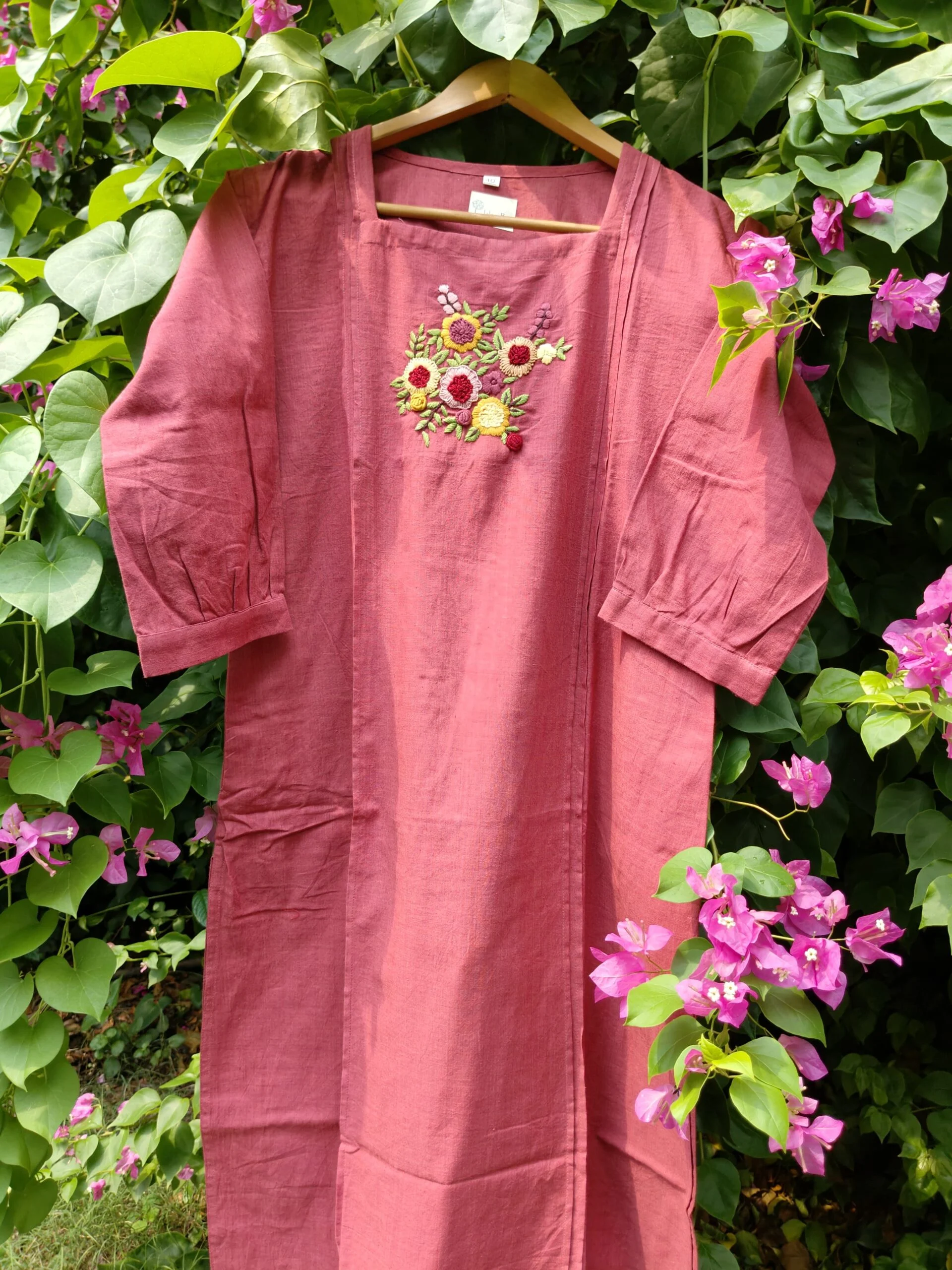 JALPAIBON Women’s Hand Embroidered Square Neck Long Floral Cotton Kurti (Red)