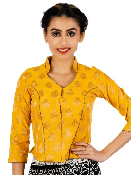 JALPAIBON Collar Neck Yellow Chanderi Women’s Long Saree Blouse