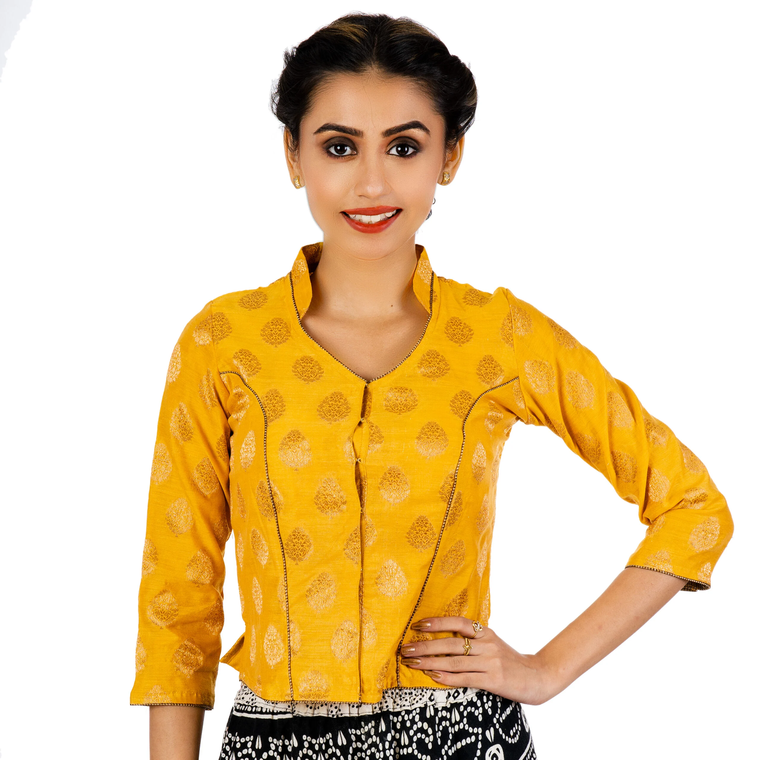 JALPAIBON Collar Neck Yellow Chanderi Women's Long Saree Blouse