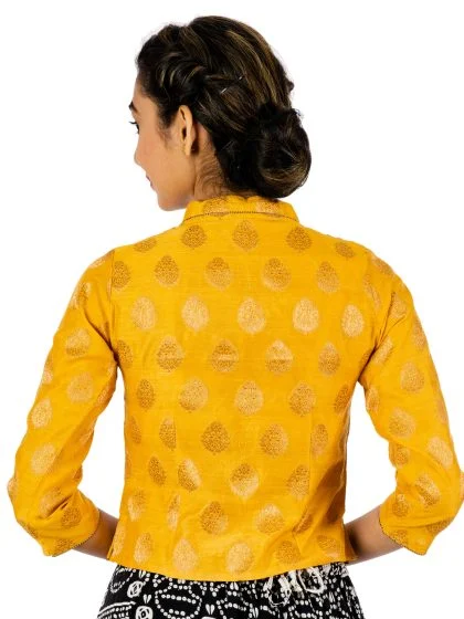 JALPAIBON Collar Neck Yellow Chanderi Women’s Long Saree Blouse