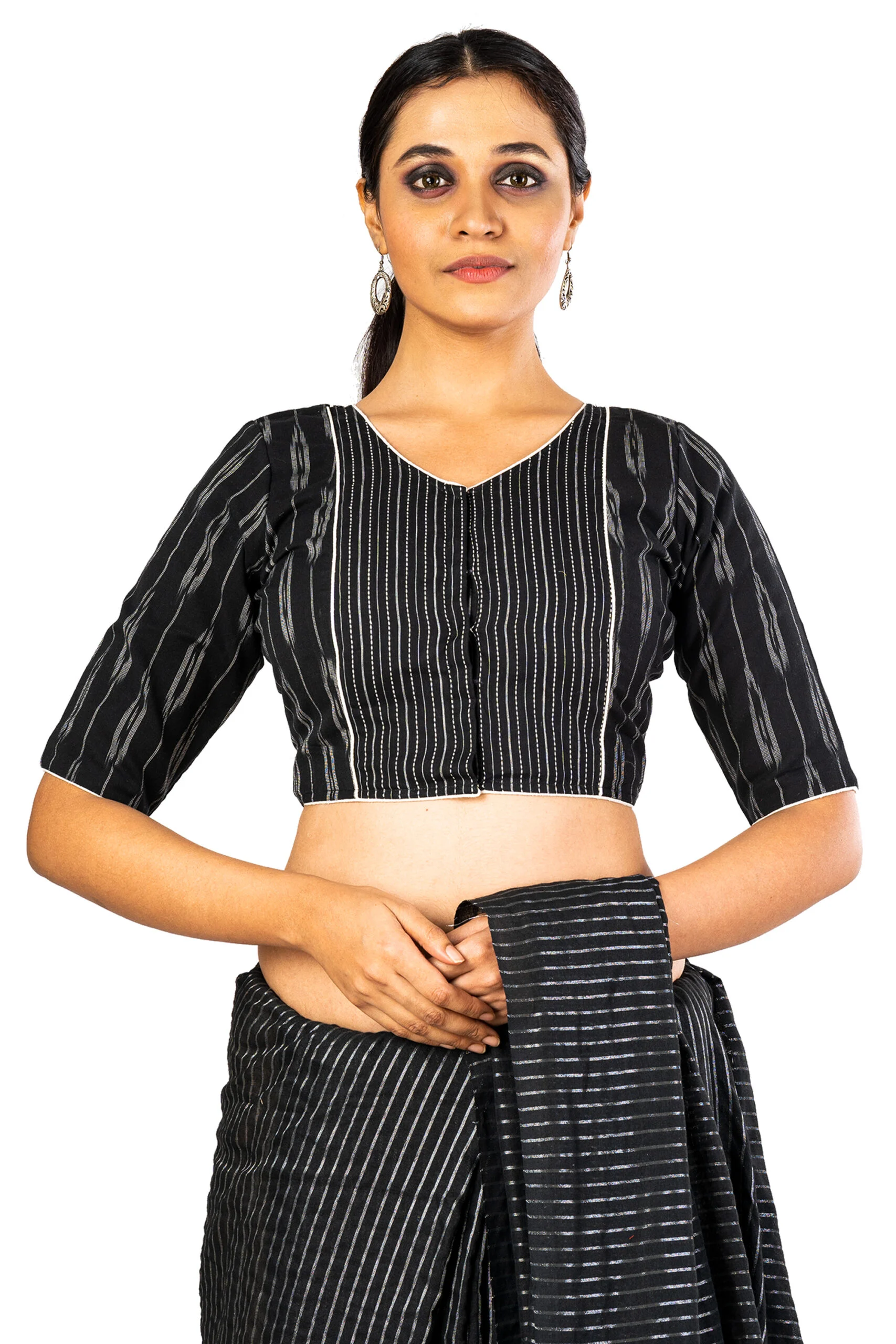 JALPAIBON V Neck Black Ikkat Panel Women's Saree Blouse