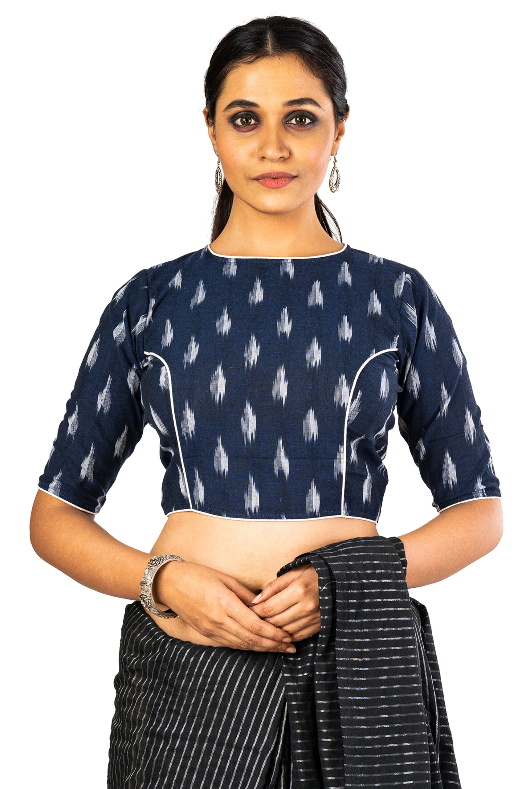JALPAIBON Round Neck Blue Ikkat Women's Saree Blouse