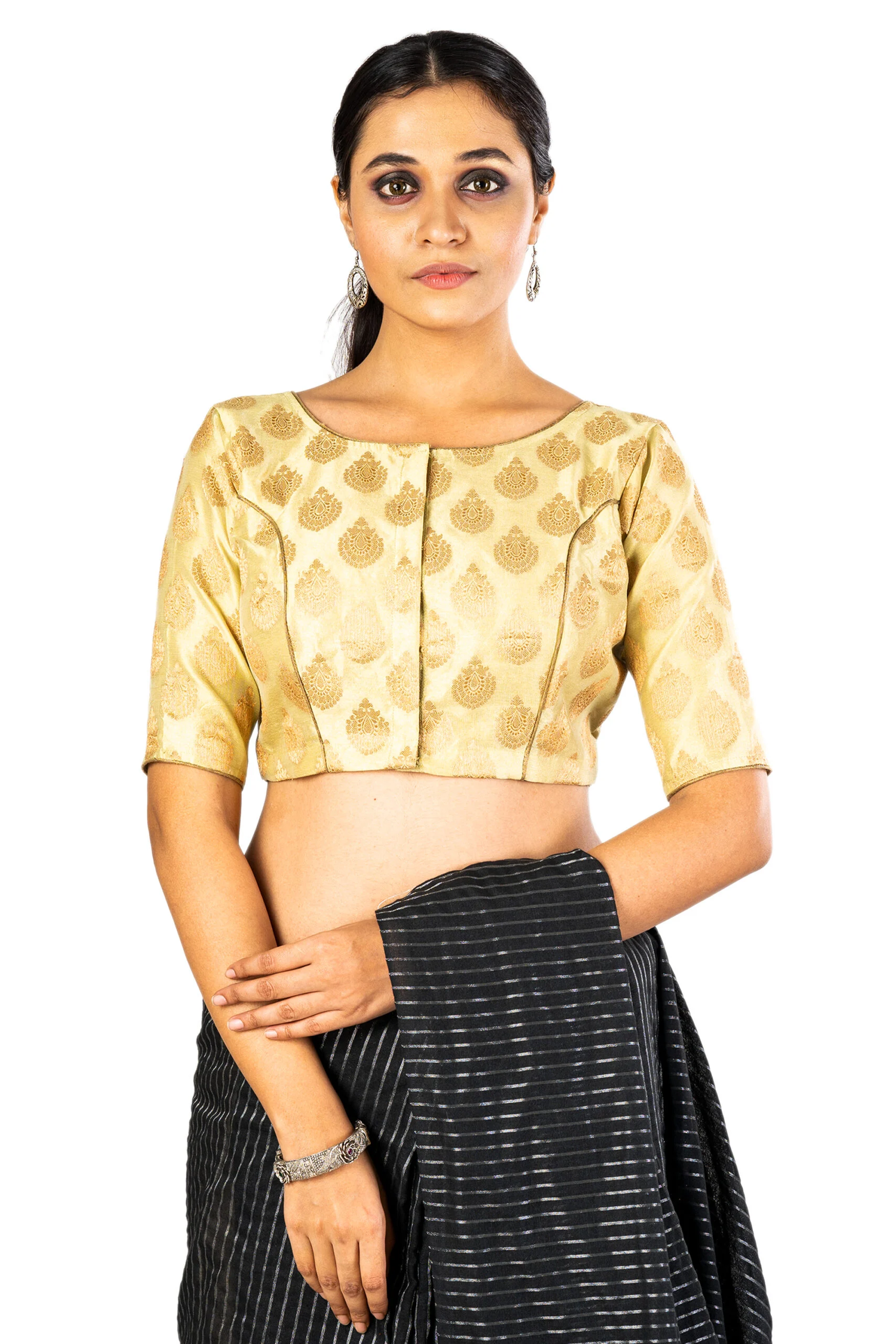 JALPAIBON Round Neck Silk Blend Woven Women's Lime Green Saree Blouse