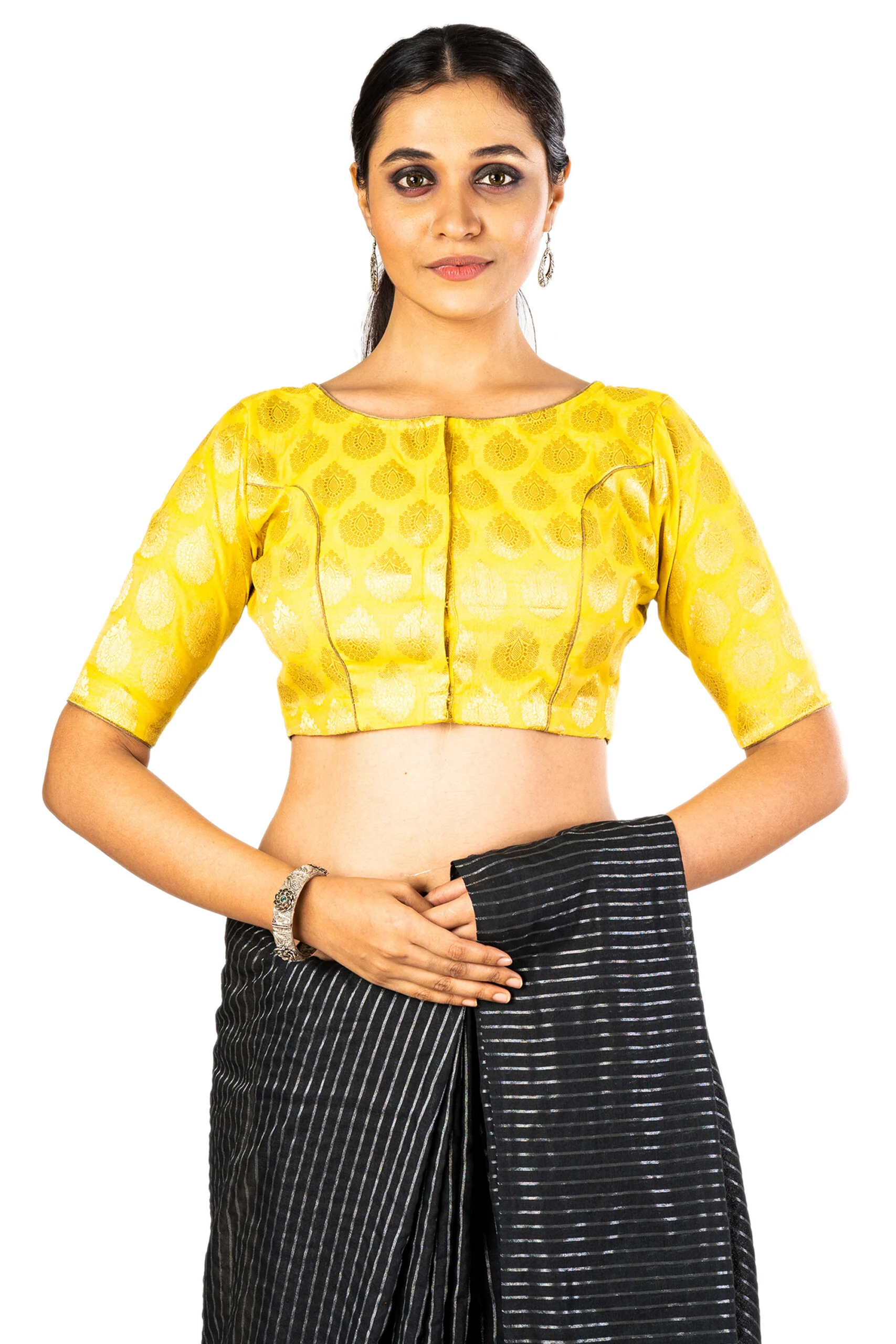 JALPAIBON Boat Neck Yellow Silk Women's Saree Blouse