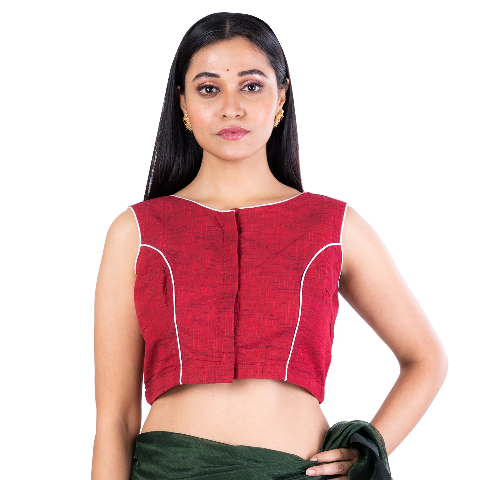 JALPAIBON Boat Neck Red Cotton Embroidered Women's Saree Blouse