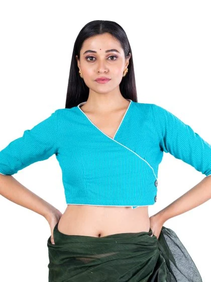 JALPAIBON V Neck Woven Cotton Women Blouse in Blue
