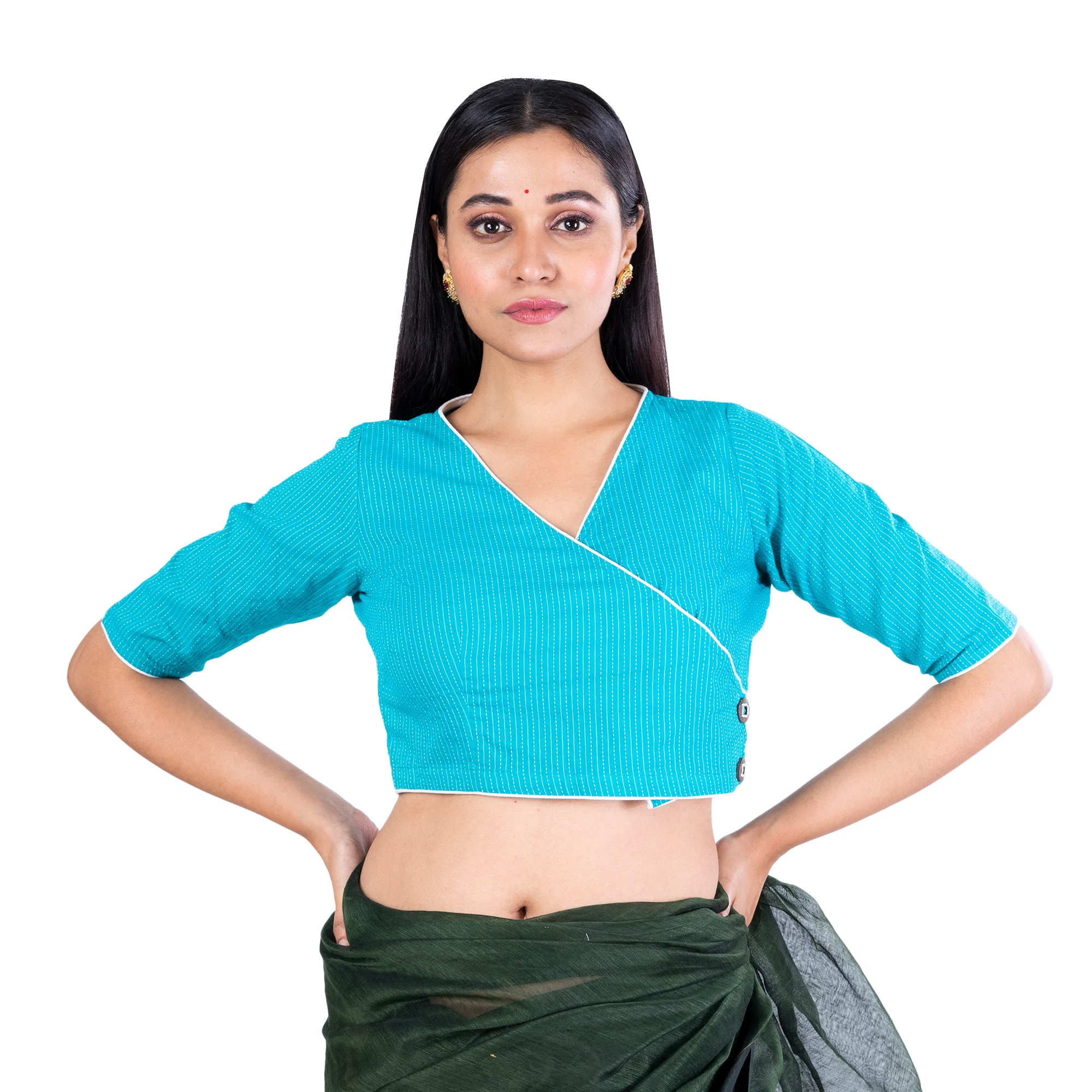 JALPAIBON V Neck Woven Cotton Women Blouse in Blue