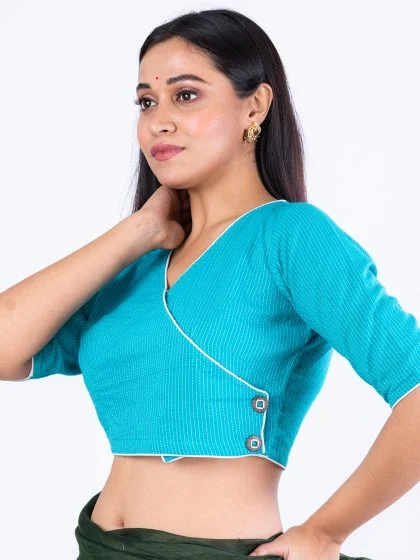 JALPAIBON V Neck Woven Cotton Women Blouse in Blue