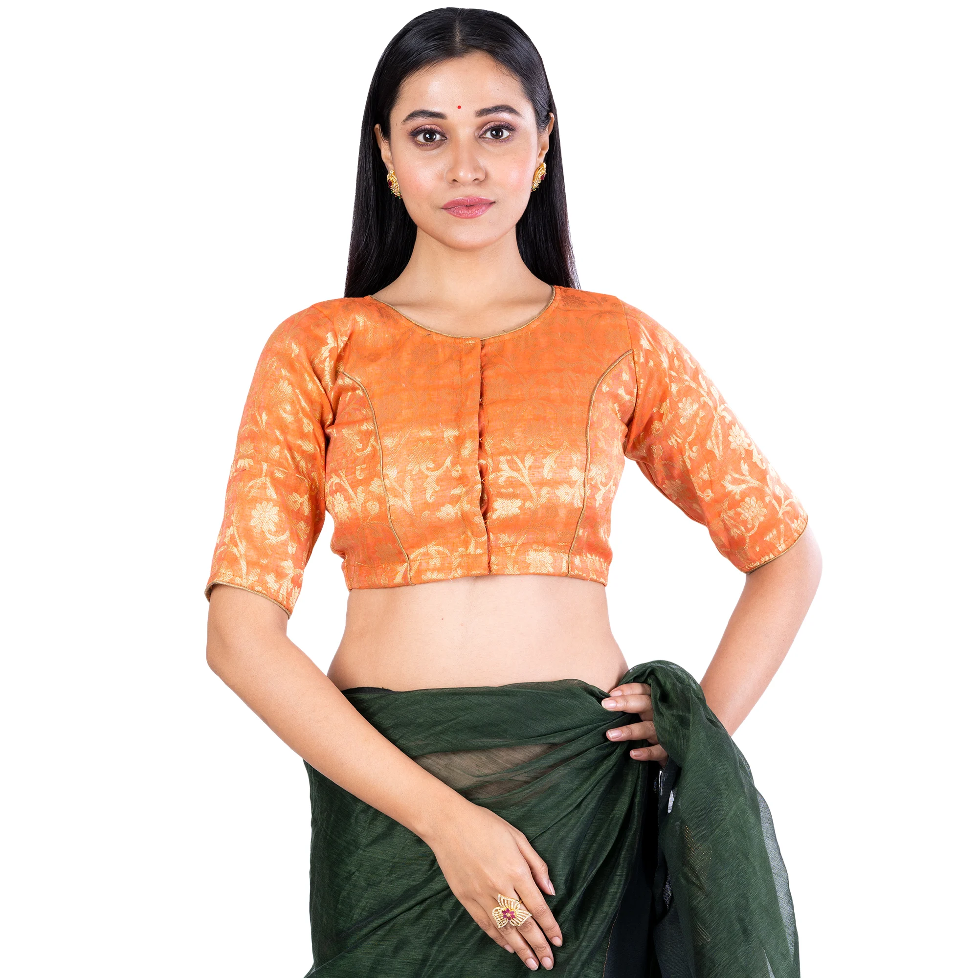 JALPAIBON Round Neck Orange Benarasi Women's Saree Blouse
