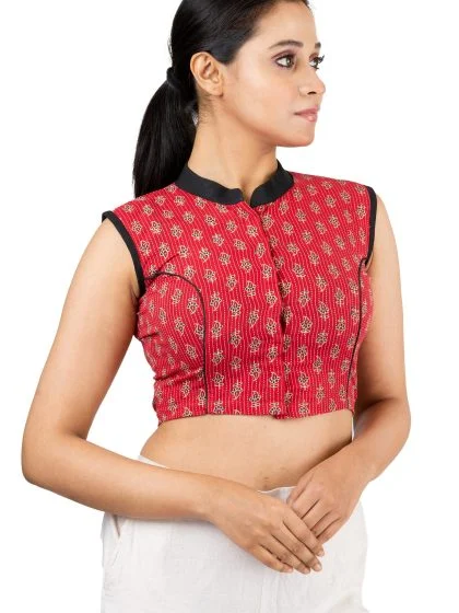JALPAIBON Collar Neck Sleeveless Red Woven Women’s Saree Blouse