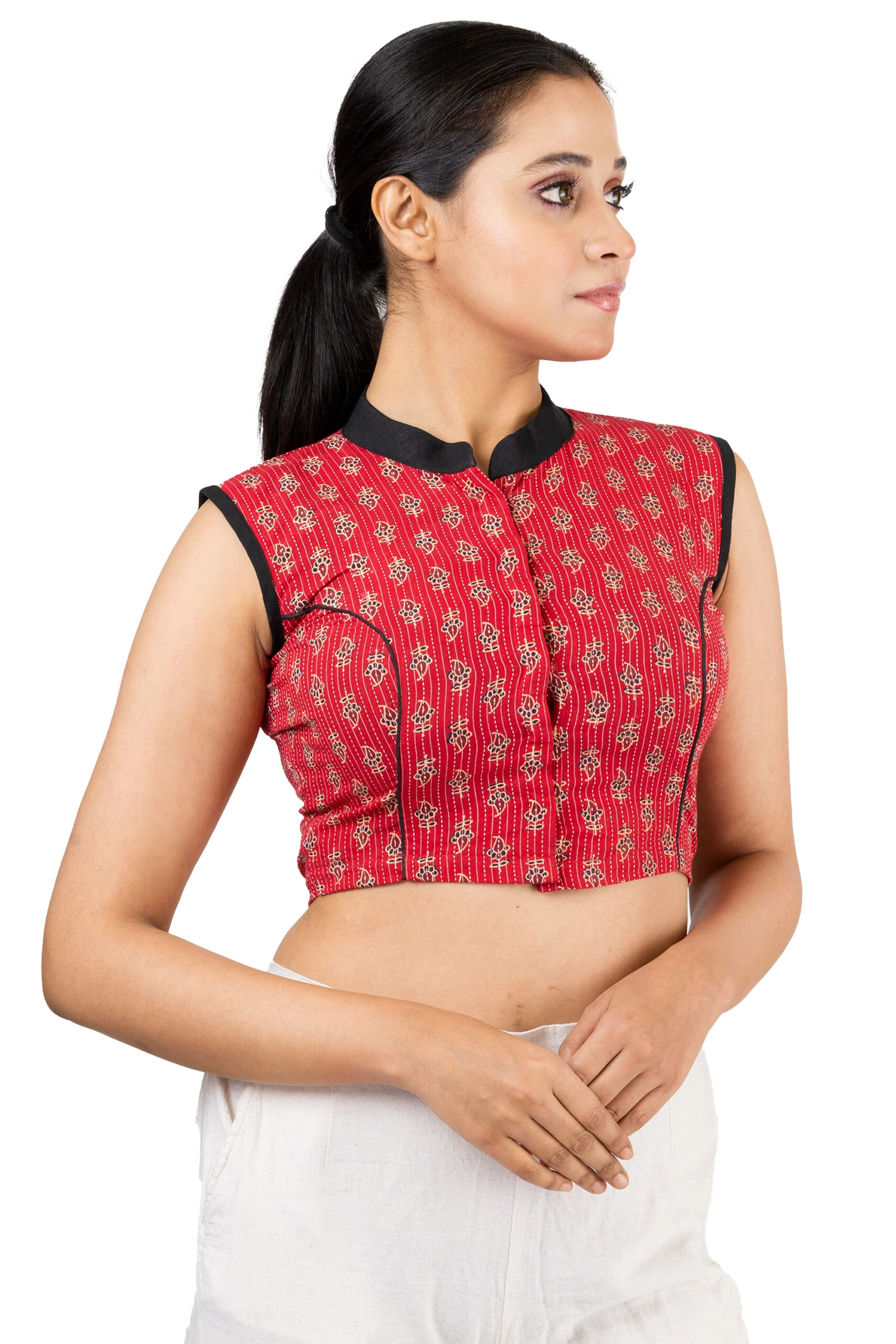 JALPAIBON Collar Neck Sleeveless Red Woven Women's Saree Blouse