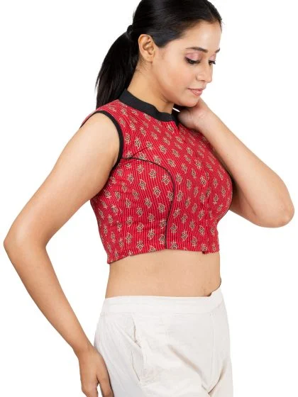 JALPAIBON Collar Neck Sleeveless Red Woven Women’s Saree Blouse