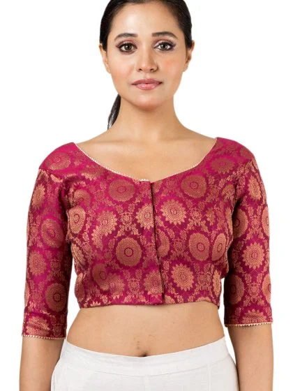 JALPAIBON Round Neck Elbow Sleeves Women’s Saree Blouse in Pink