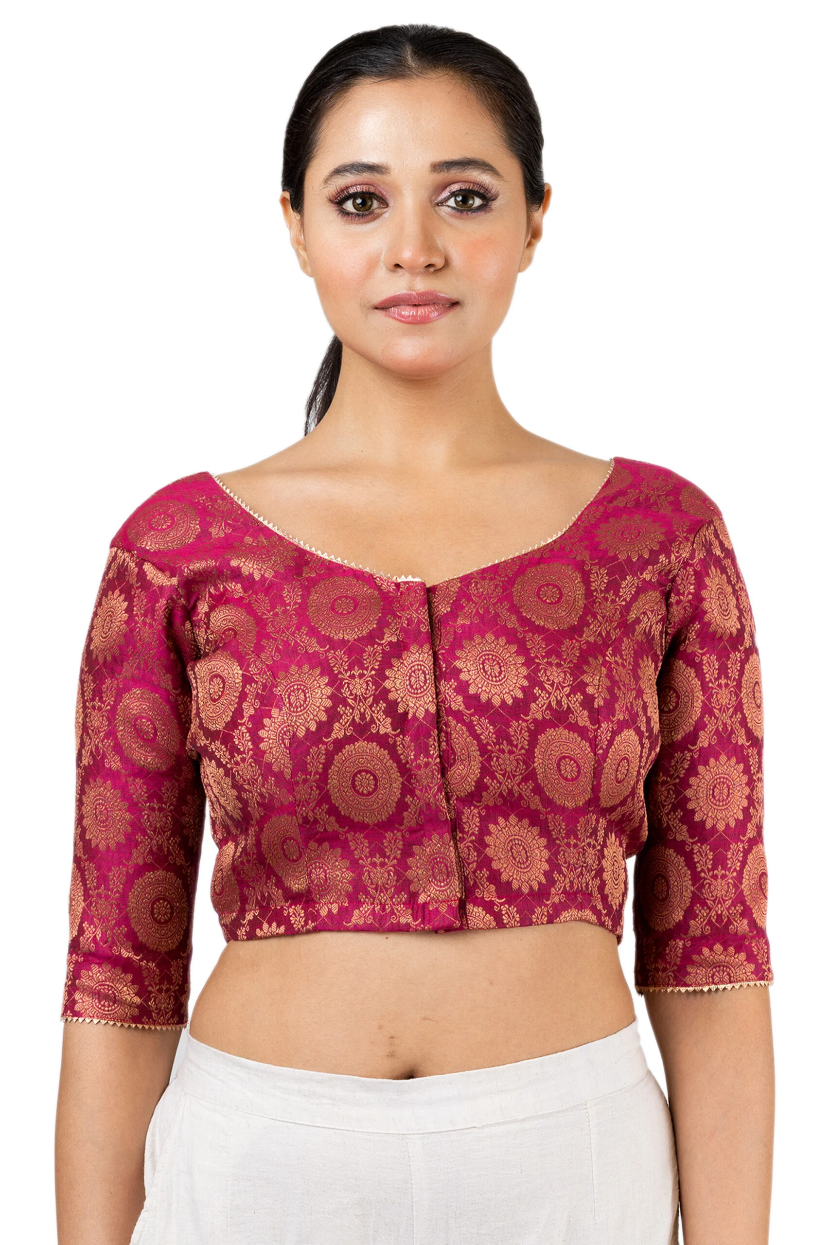 JALPAIBON Round Neck Elbow Sleeves Women's Saree Blouse in Pink