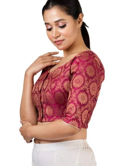 JALPAIBON Round Neck Elbow Sleeves Women’s Saree Blouse in Pink