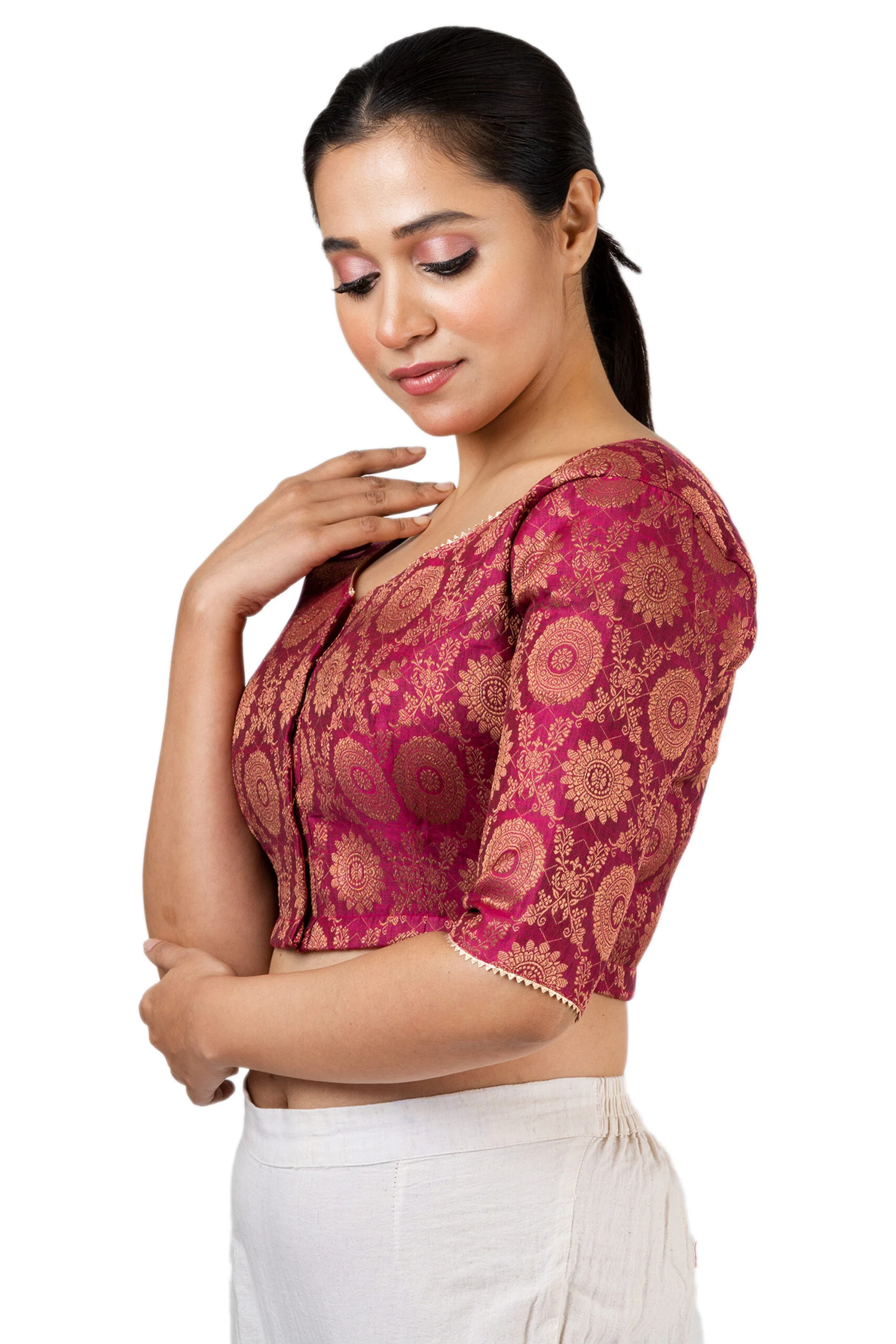 JALPAIBON Round Neck Elbow Sleeves Women’s Saree Blouse in Pink