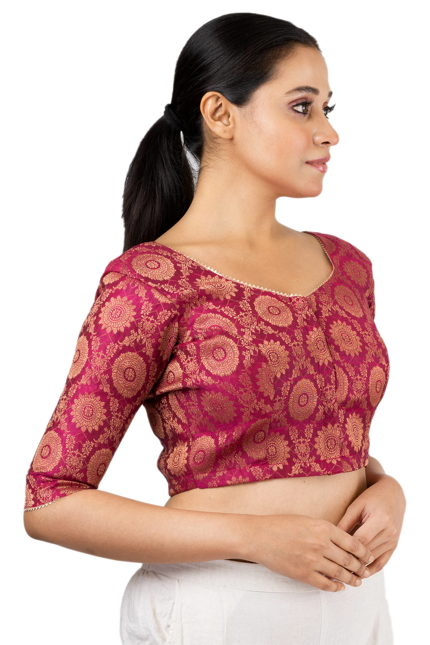 JALPAIBON Round Neck Elbow Sleeves Women’s Saree Blouse in Pink