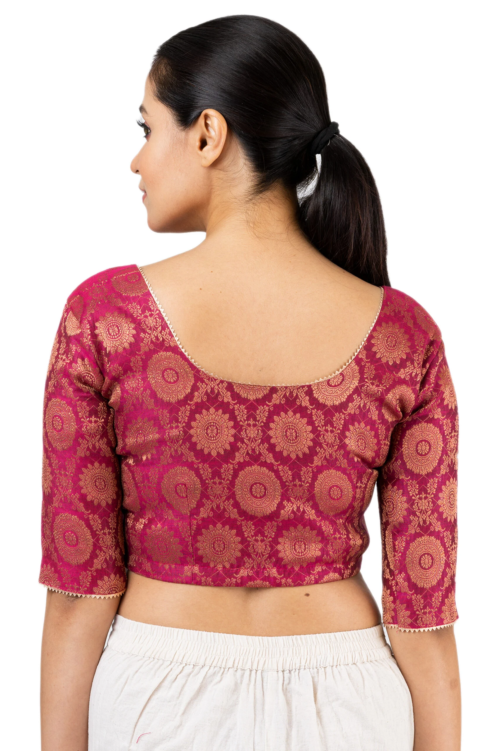 JALPAIBON Round Neck Elbow Sleeves Women’s Saree Blouse in Pink