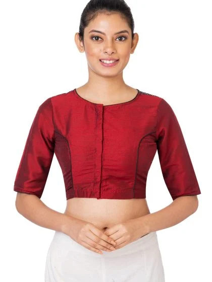 JALPAIBON Round Neck Elbow Sleeves Red Silk Women’s Saree Blouse