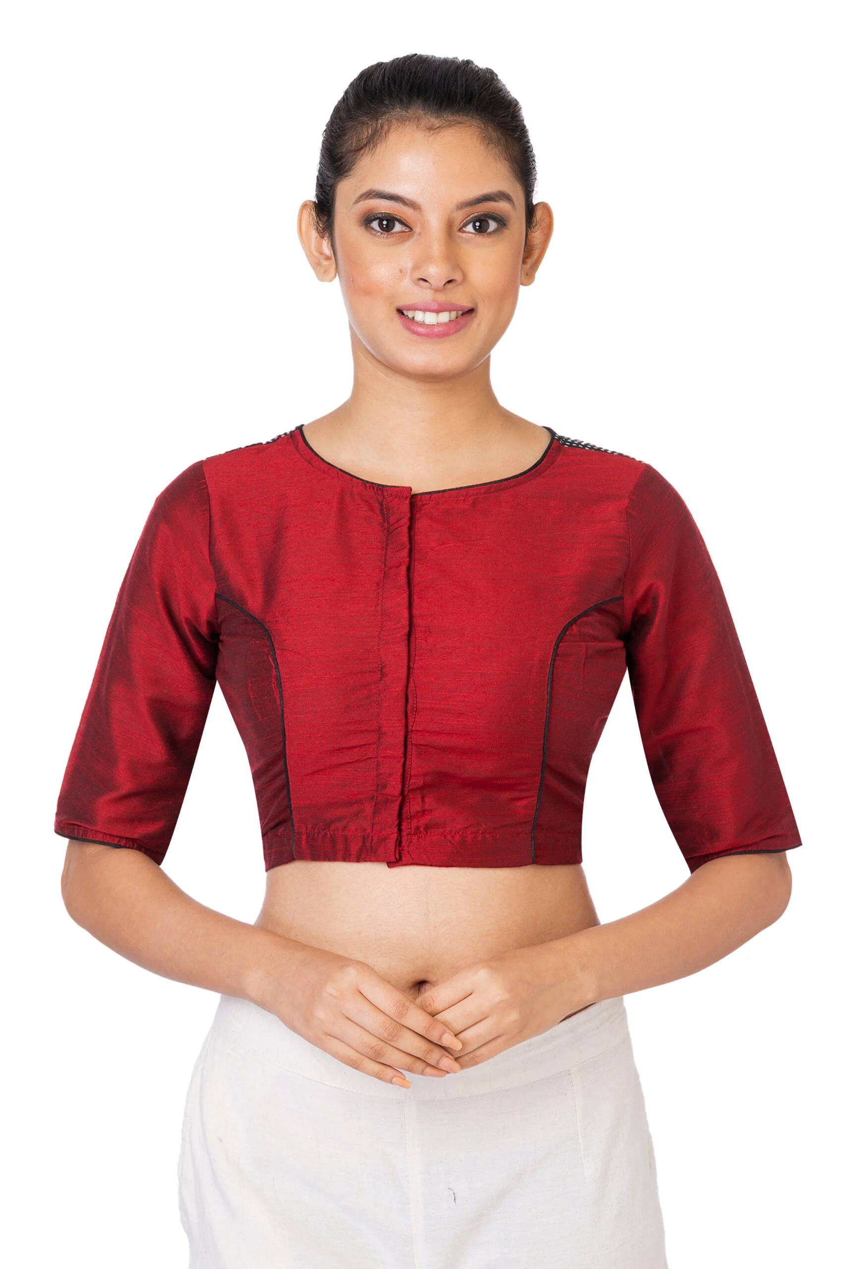 JALPAIBON Round Neck Elbow Sleeves Red Silk Women's Saree Blouse