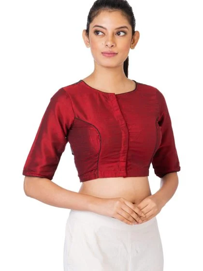 JALPAIBON Round Neck Elbow Sleeves Red Silk Women’s Saree Blouse