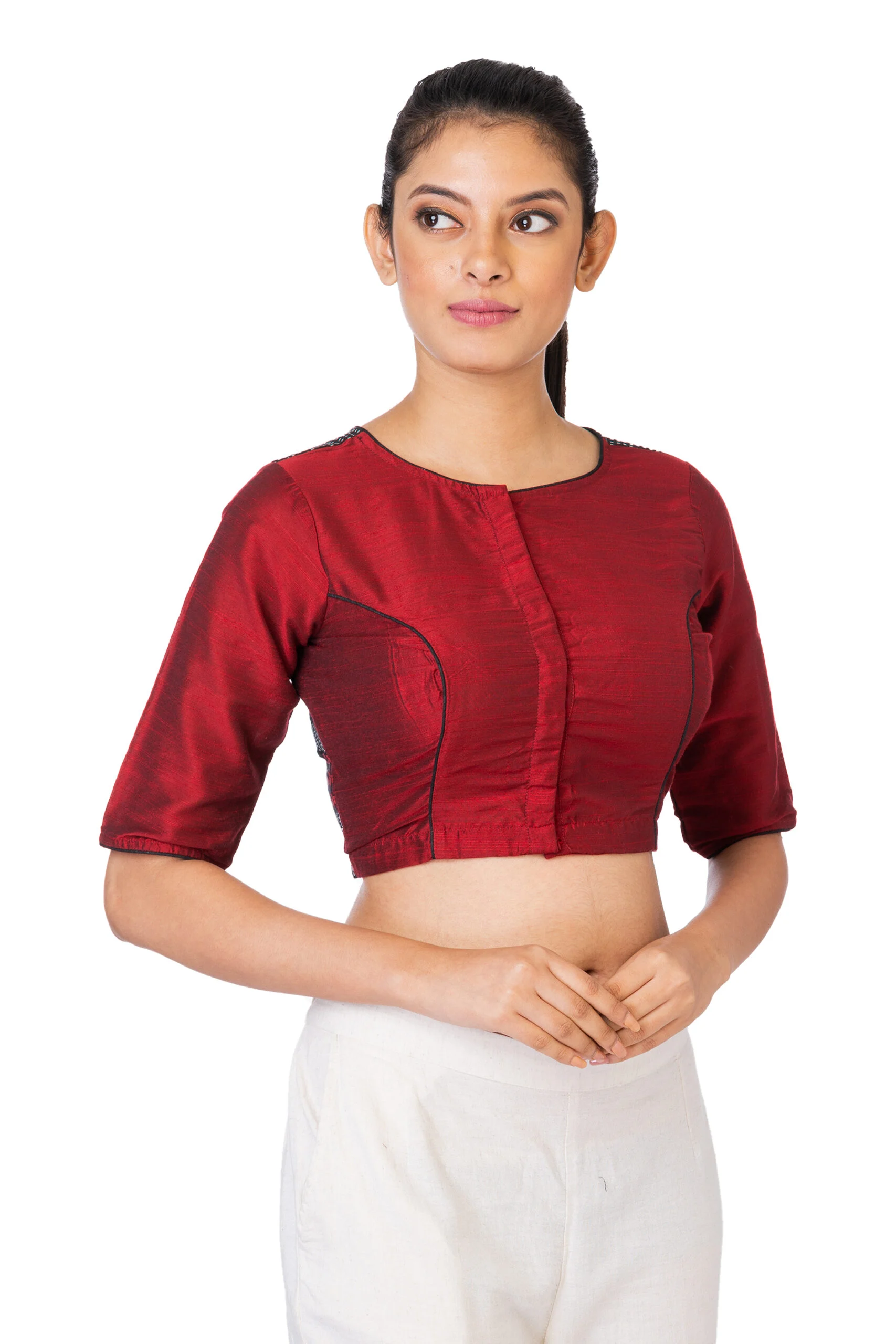 JALPBL-22-10-94_1-scaled-1.jpg JALPAIBON Round Neck Elbow Sleeves Red Silk Women’s Saree Blouse