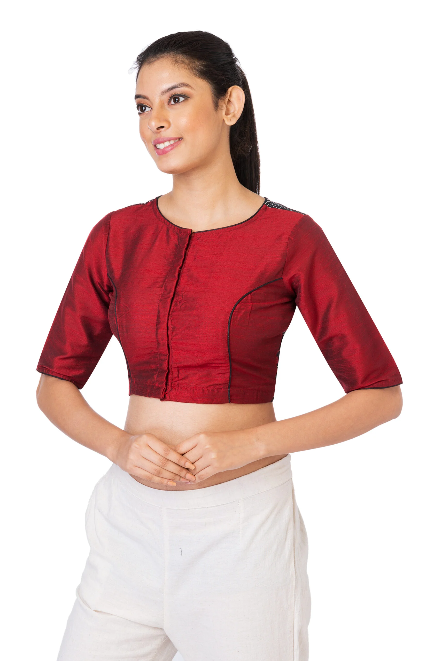 JALPBL-22-10-94_2-scaled-1.jpg JALPAIBON Round Neck Elbow Sleeves Red Silk Women’s Saree Blouse