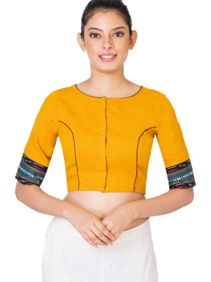 JALPAIBON Round Neck Elbow Sleeves Cotton Women’s Saree Blouse in Yellow