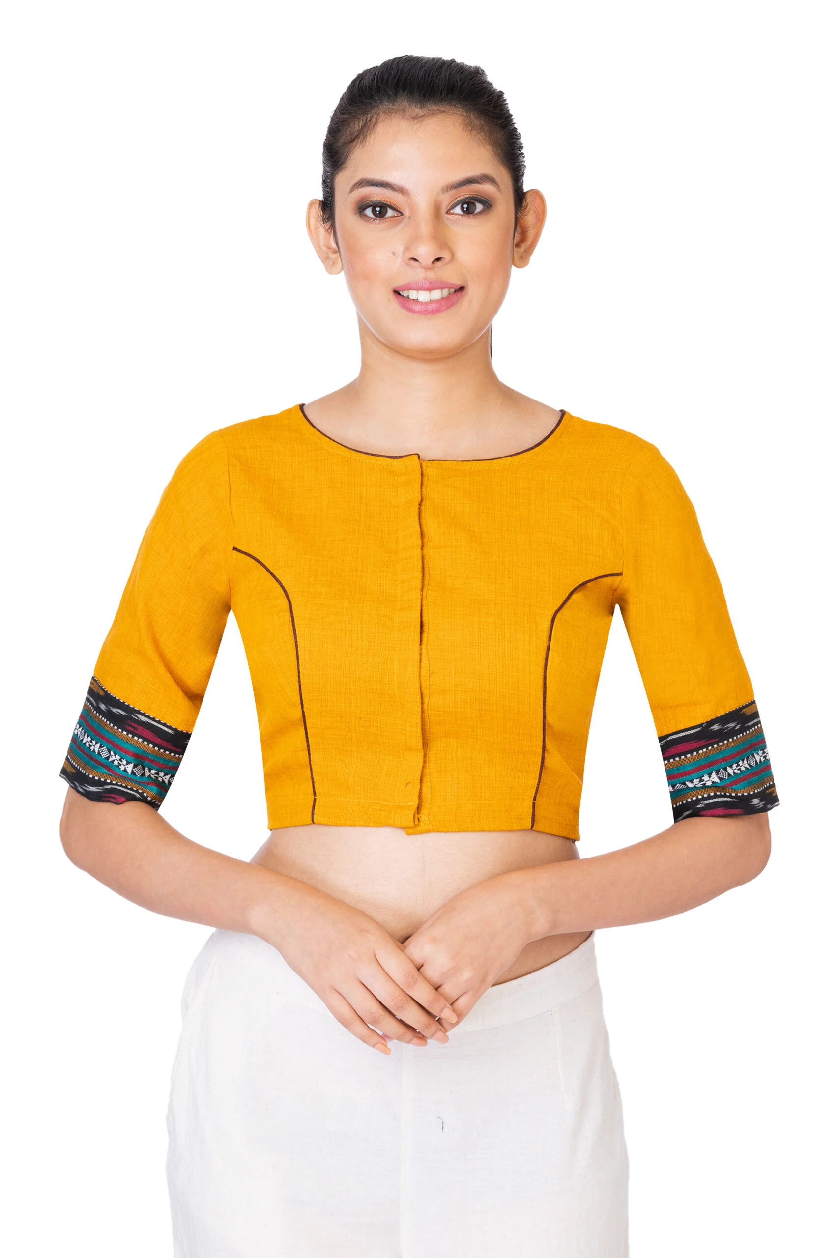 JALPAIBON Round Neck Elbow Sleeves Cotton Women's Saree Blouse in Yellow