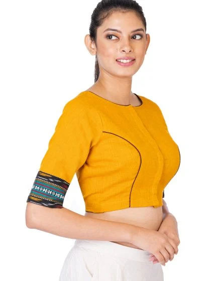 JALPAIBON Round Neck Elbow Sleeves Cotton Women’s Saree Blouse in Yellow