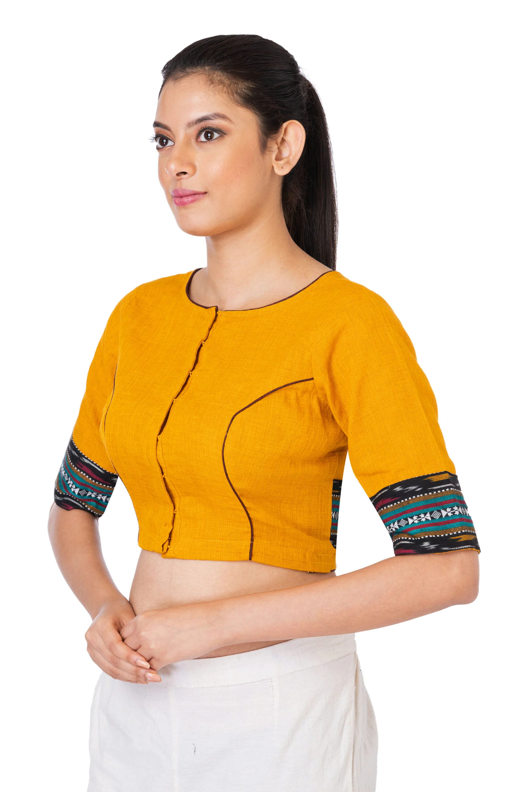 JALPAIBON Round Neck Elbow Sleeves Cotton Women’s Saree Blouse in Yellow