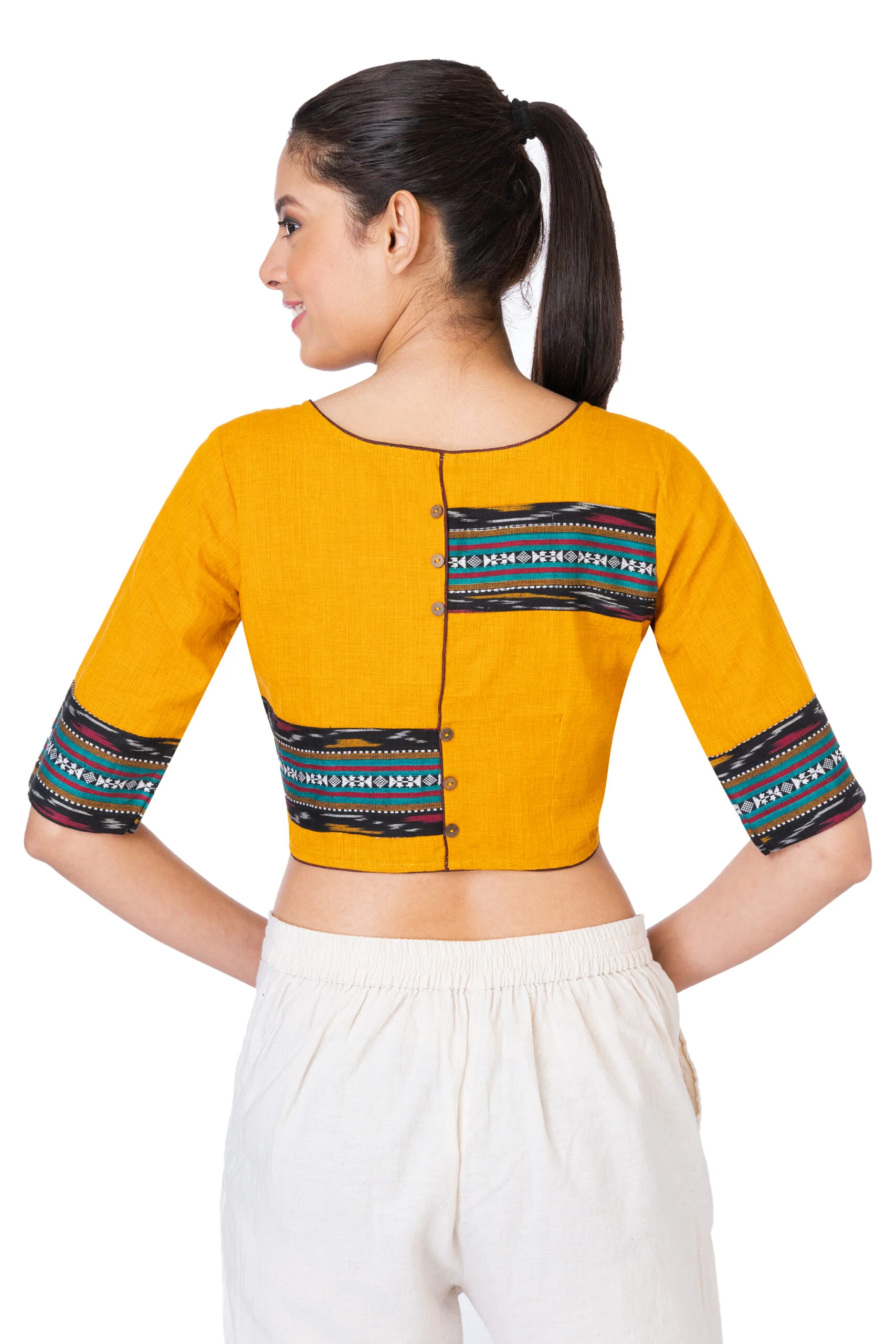 JALPAIBON Round Neck Elbow Sleeves Cotton Women’s Saree Blouse in Yellow