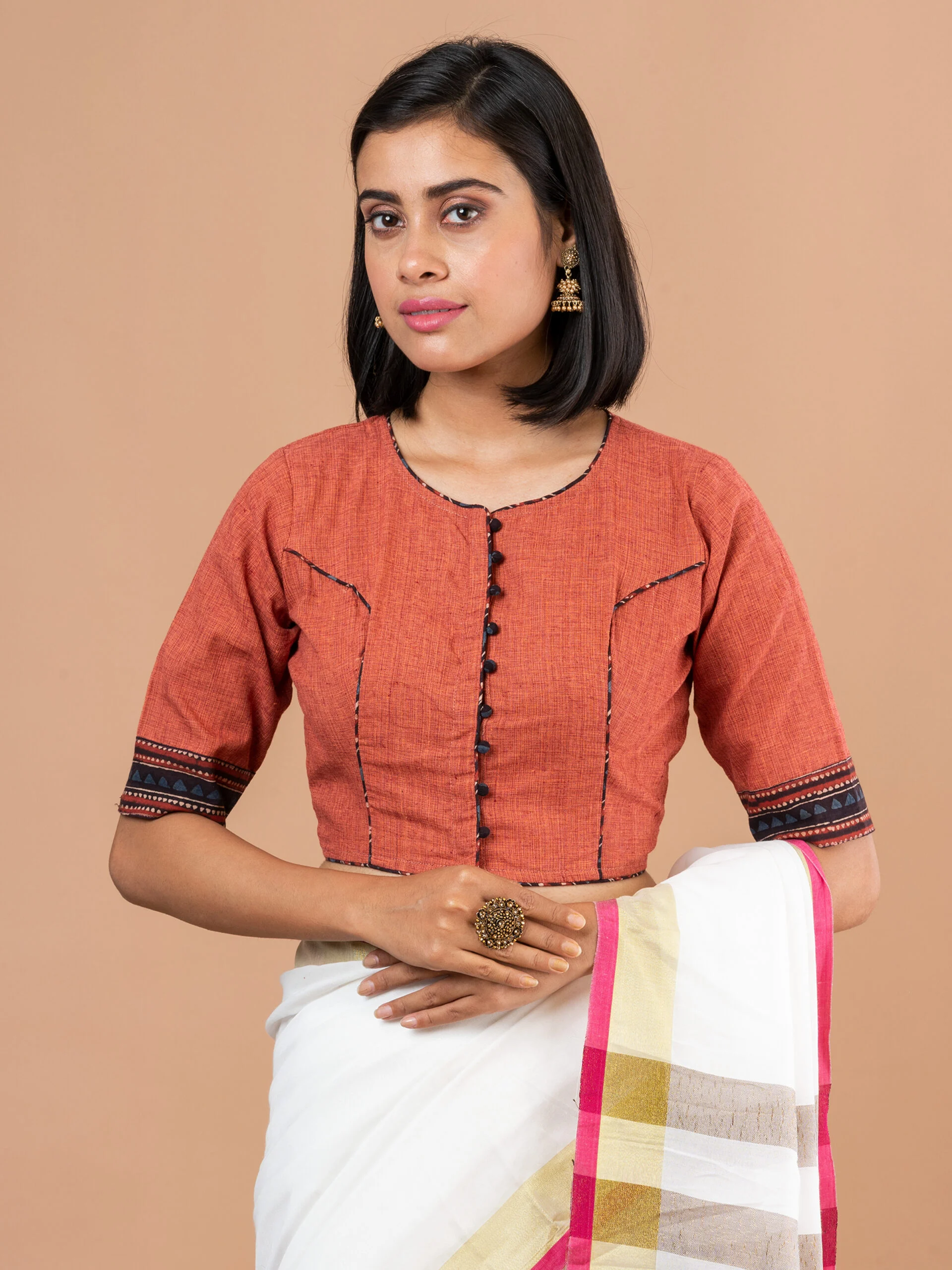 JALPAIBON Round Neck Women Blouse In Rust