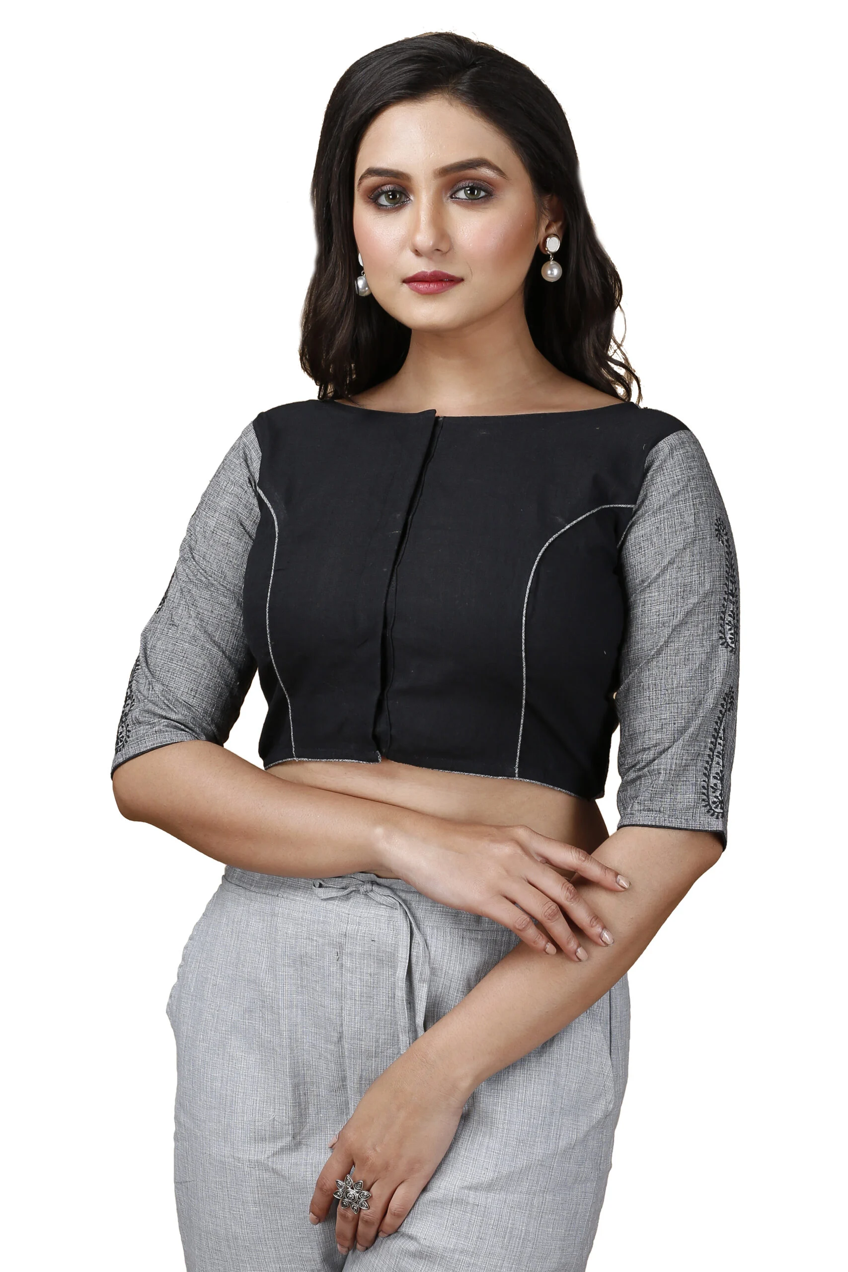 JALPAIBON Boat Neck Cotton Women Short Sleeve Blouse In Grey JALPBL-24-02-129
