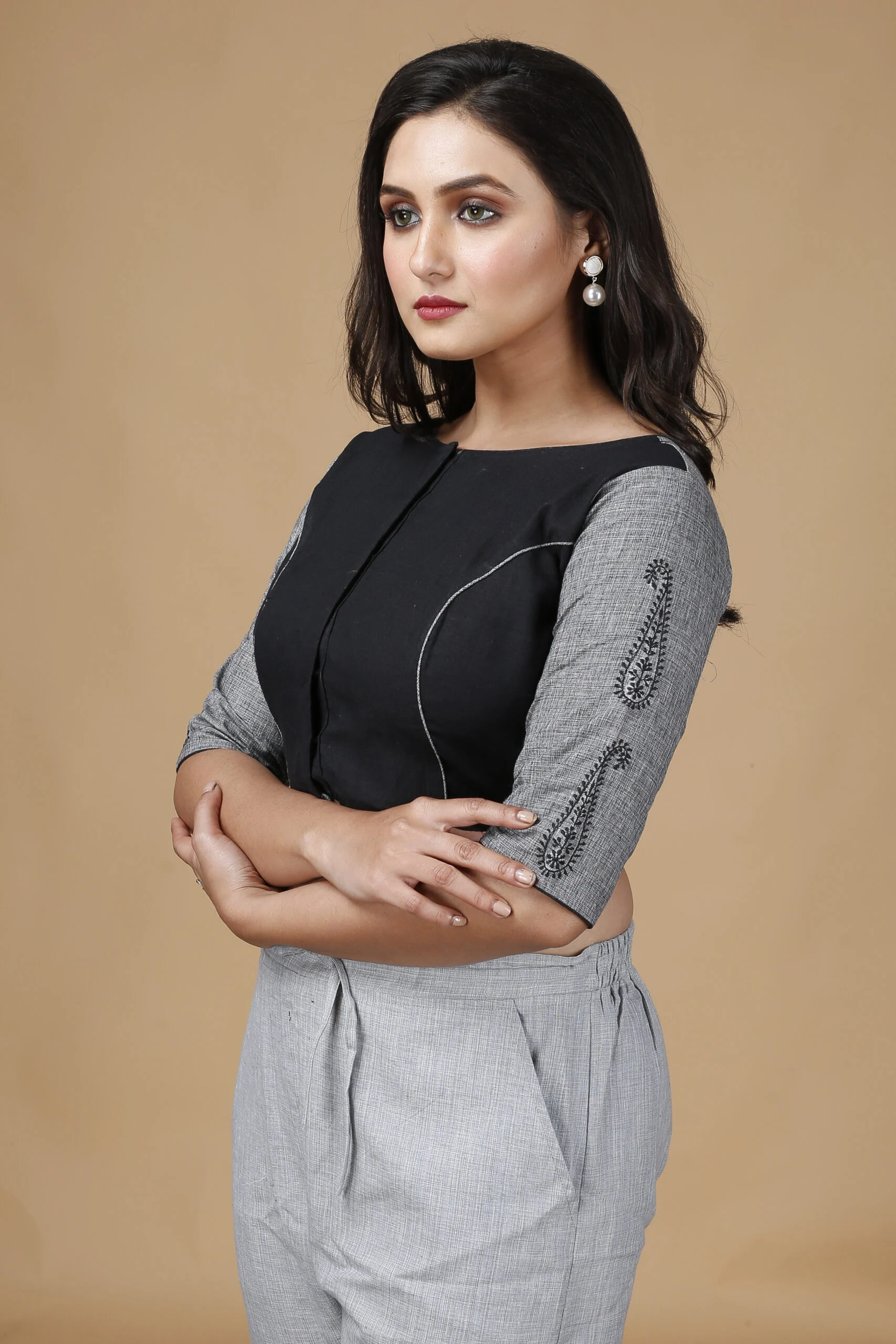 JALPAIBON Boat Neck Cotton Women Short Sleeve Blouse In Grey JALPBL-24-02-129