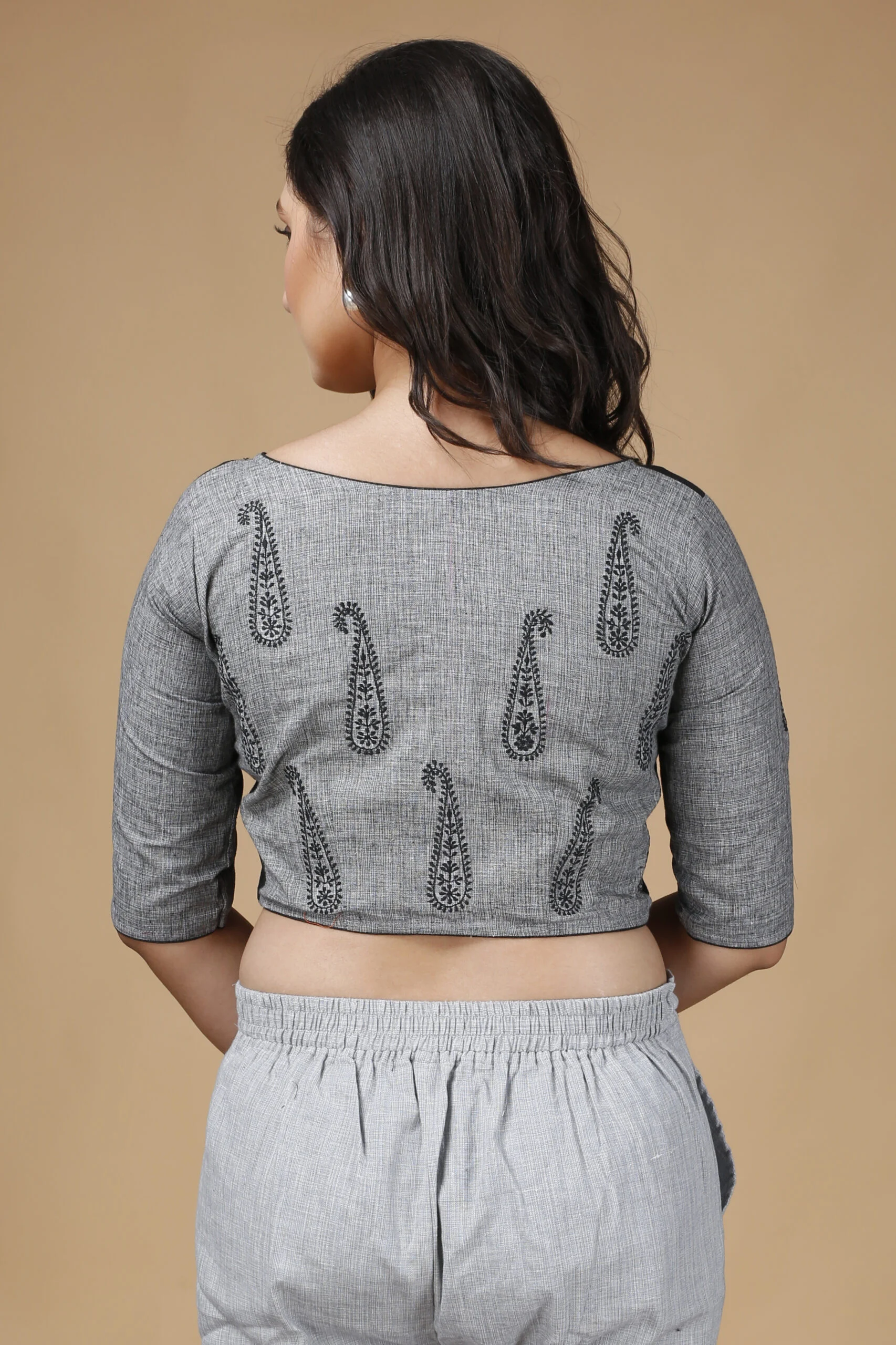 JALPAIBON Boat Neck Cotton Women Short Sleeve Blouse In Grey JALPBL-24-02-129