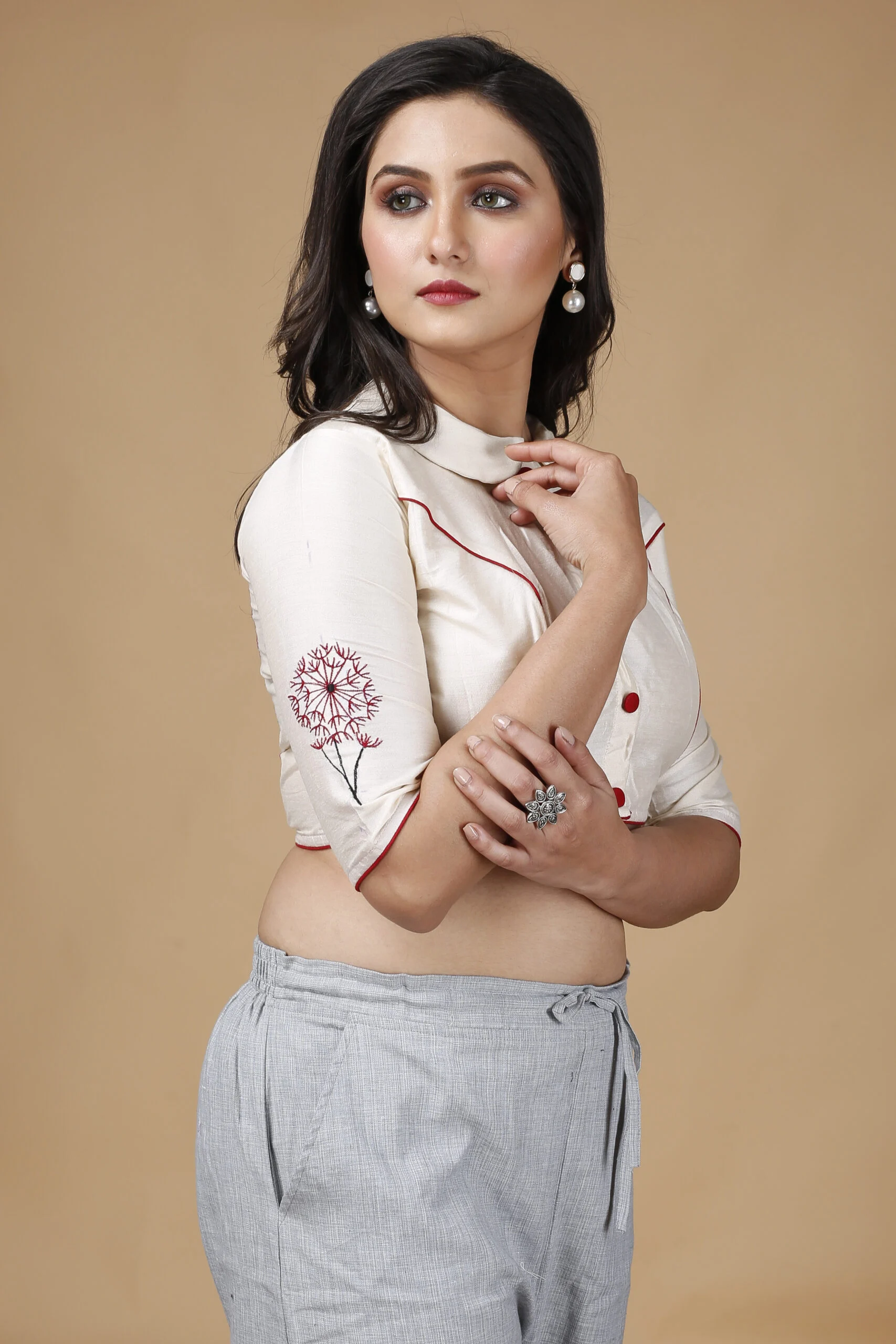 JALPAIBON Band collar Cotton Blend Women Short Sleeve Blouse In White-JALPBL-24-02-130
