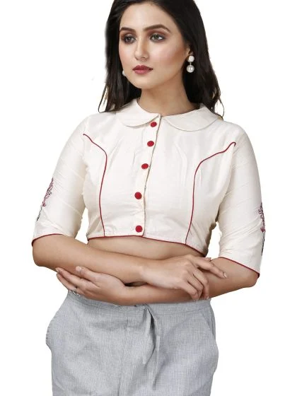 JALPAIBON Band collar Cotton Blend Women Short Sleeve Blouse In White-JALPBL-24-02-130