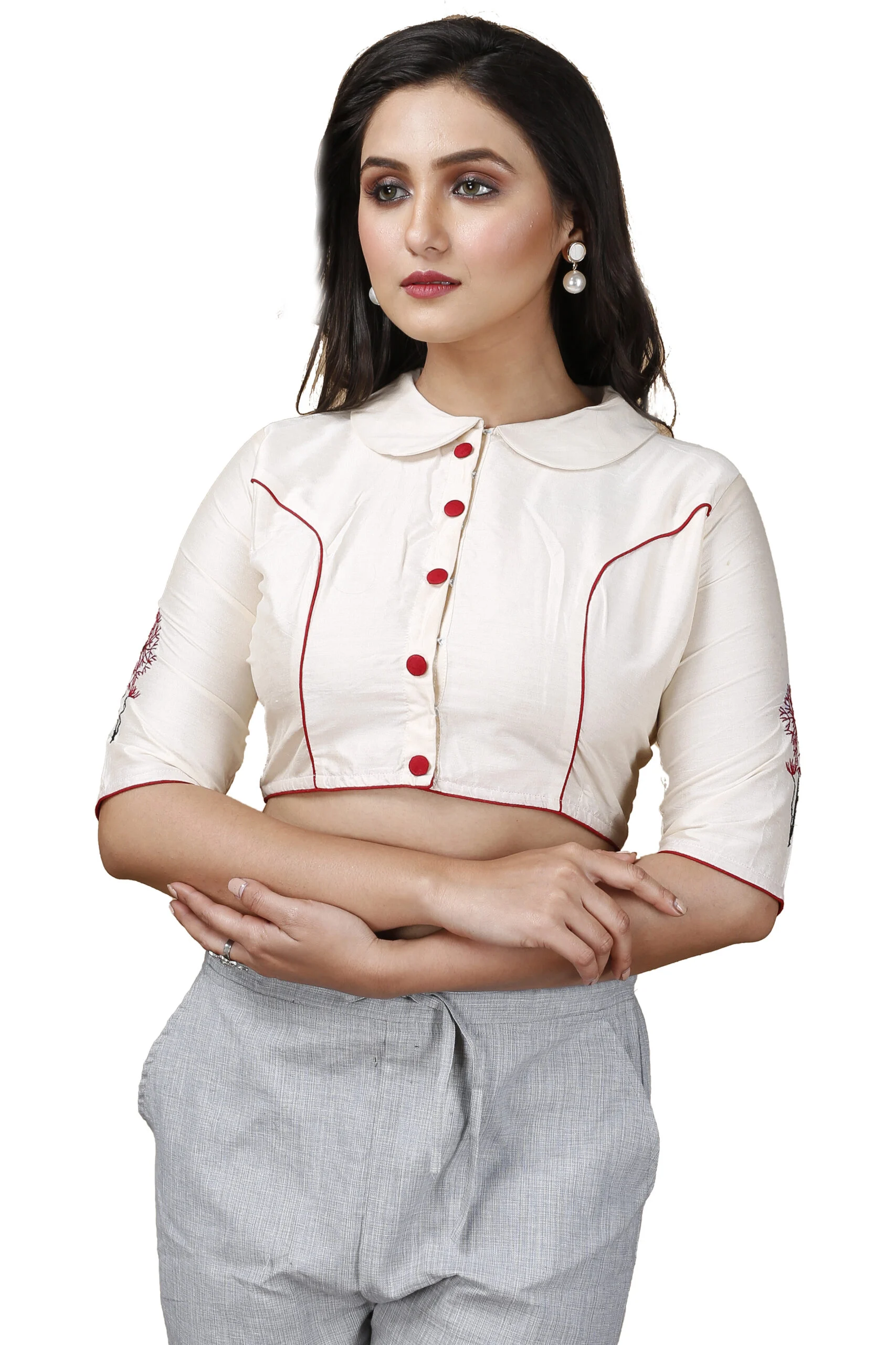 JALPAIBON Band collar Cotton Blend Women Short Sleeve Blouse In White-JALPBL-24-02-130