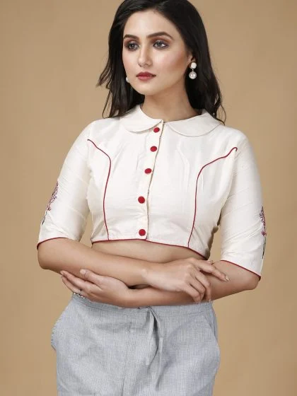 JALPAIBON Band collar Cotton Blend Women Short Sleeve Blouse In White-JALPBL-24-02-130