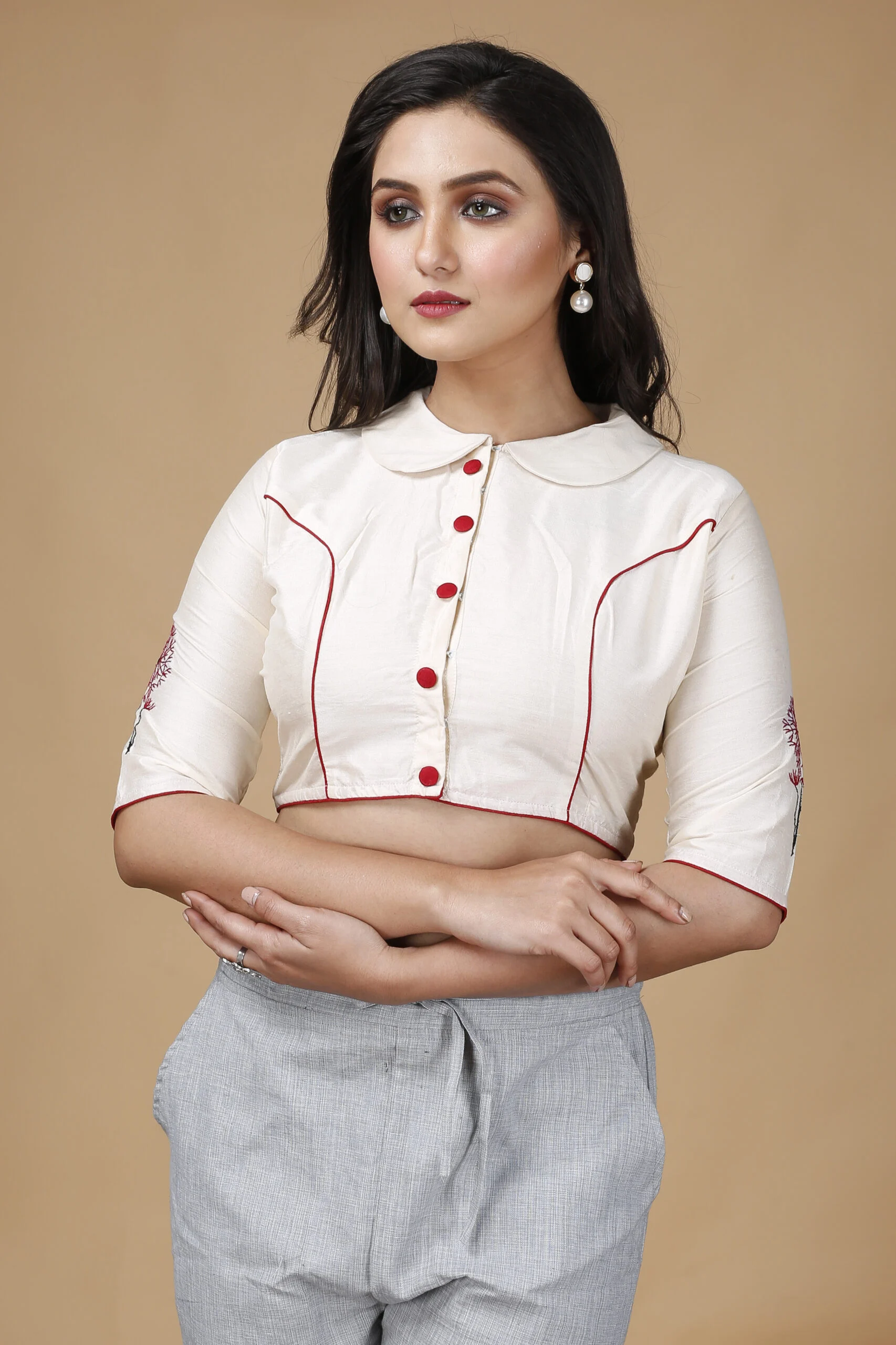 JALPAIBON Band collar Cotton Blend Women Short Sleeve Blouse In White-JALPBL-24-02-130