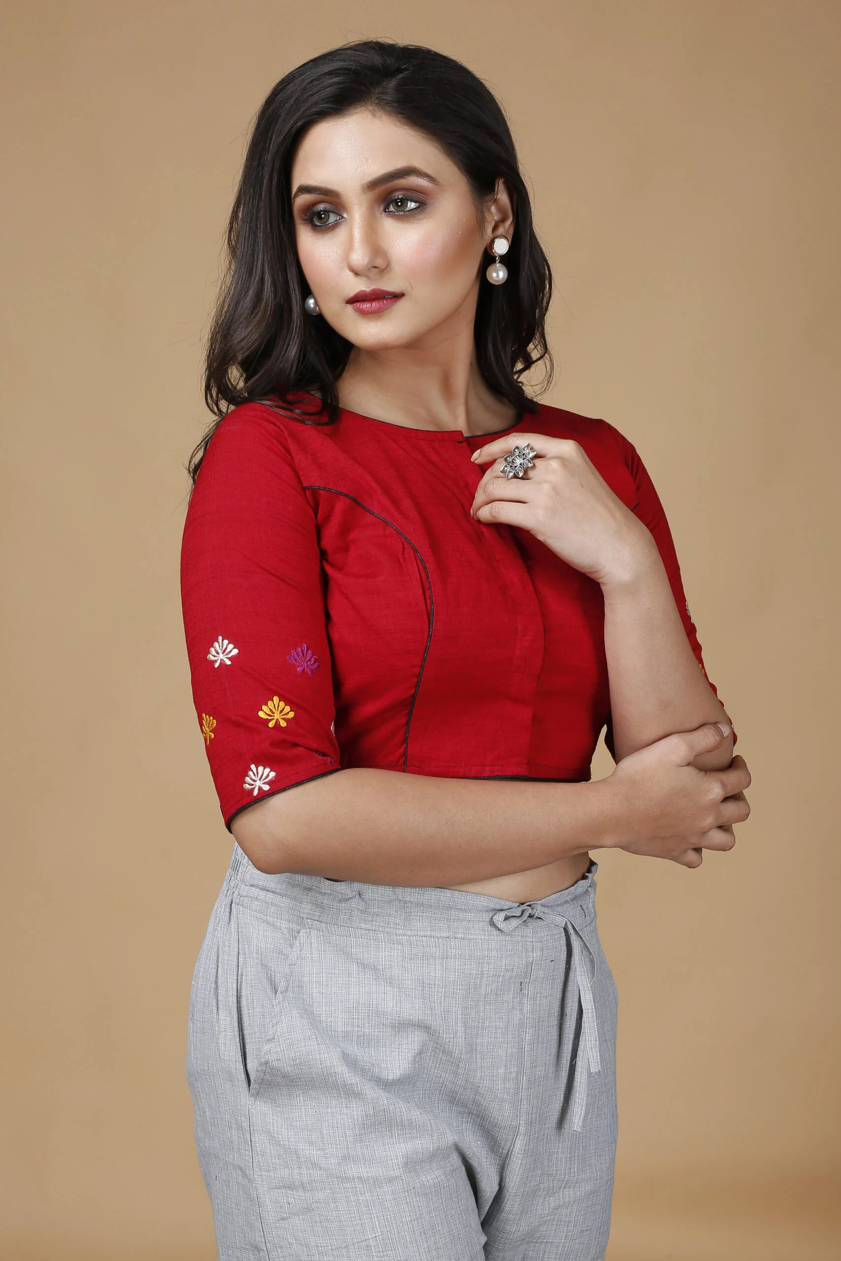 JALPBL-24-02-135-scaled-1.jpg JALPAIBON Round Neck Cotton Blend Women Short Sleeve Blouse In Red-JALPBL-24-02-135